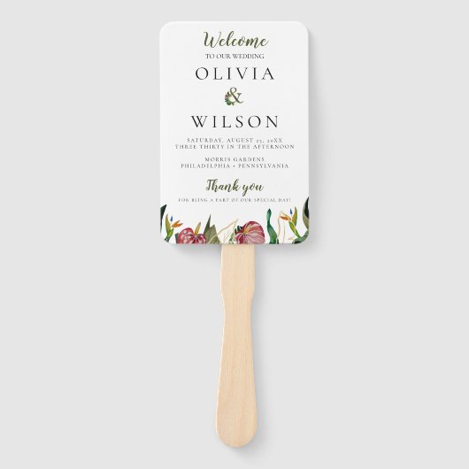 Tropisch groen huwelijksprogramma en tijdlijn handwaaier (Voorkant)