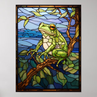 Tropisch Groen Kikker Glas-in-Lood Paneel Poster