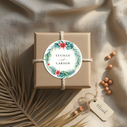 Tropisch groen krans botanische tuin bruiloft ronde sticker