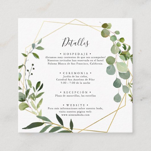 Tropisch groen laat details Spaanse bruiloft achte Informatiekaartje (Voorkant)
