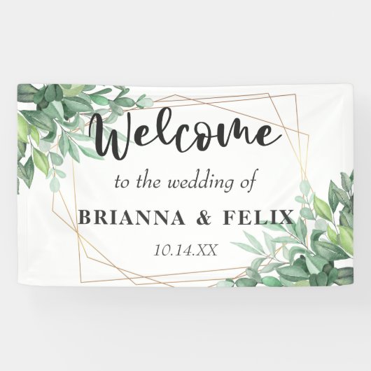 Tropisch groen laat gouden Lijst bruiloft achter Spandoek (Horizontaal)