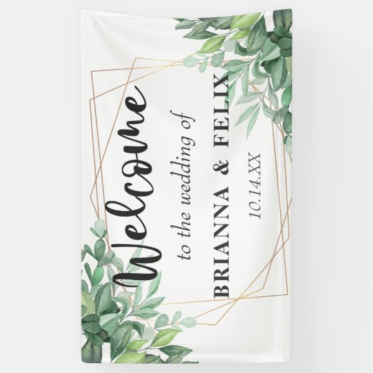 Tropisch groen laat gouden Lijst bruiloft achter Spandoek (Verticaal)