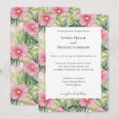 Tropisch groen laat roze bloemen bruiloft kaart (Voorkant / Achterkant)