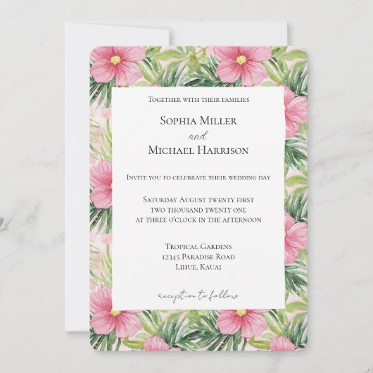 Tropisch groen laat roze bloemen bruiloft kaart (Voorkant)