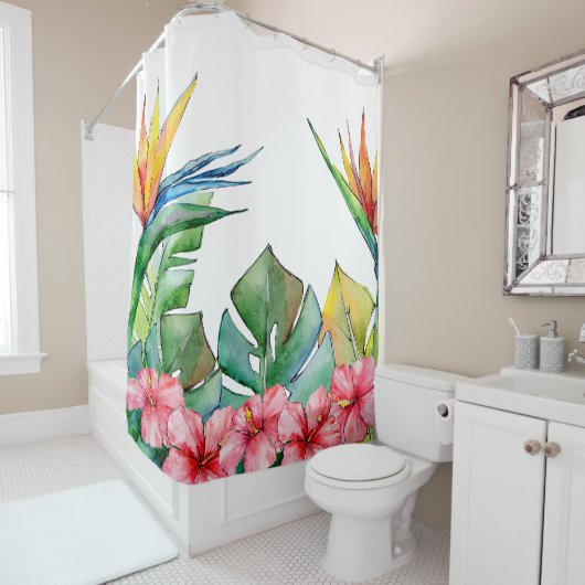 Tropisch groen laat roze Hibiscus Hawaii Douchegordijn (In situ)