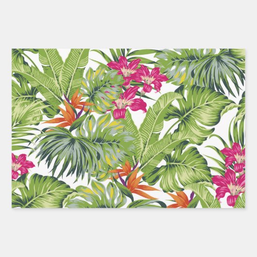 Tropisch groen laat roze Oranje bloemen vallen Inpakpapier Vel (Voorkant)