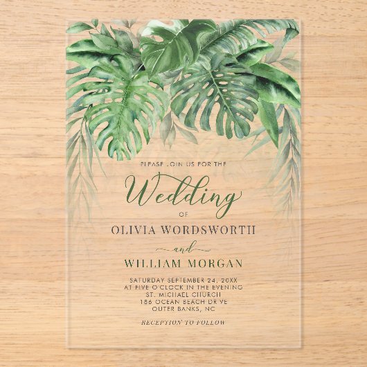 Tropisch groen laat Waterverf stranden Acryl Uitnodigingen (Voorkant)