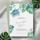 Tropisch groen laat Zee schildpad Baby shower<br><div class="desc">Deze schildpad babyshower uitnodigingen brengen een frisse, tropische baby shower vibe met waterverf palmbladeren, monstera bladeren, en een charmant zee schildpad ontwerp. Met moderne typografie wordt de naam van de aanstaande moeder elegant weergegeven in handgeschreven script, terwijl de details van het evenement zijn ingesteld in een klassiek serif-lettertype voor een...</div>