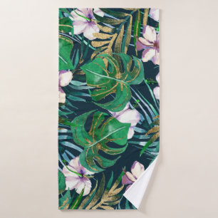 Tropisch groen Lila goudmonster laat Floral vallen Badhanddoek