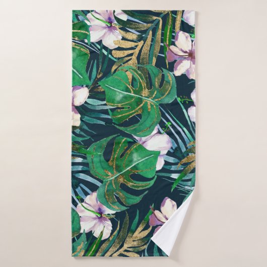 Tropisch groen Lila goudmonster laat Floral vallen Badhanddoek (Badhanddoek)