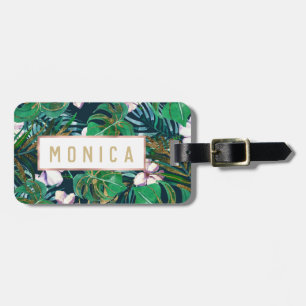 Tropisch groen Lila goudmonster laat Floral vallen Bagagelabel
