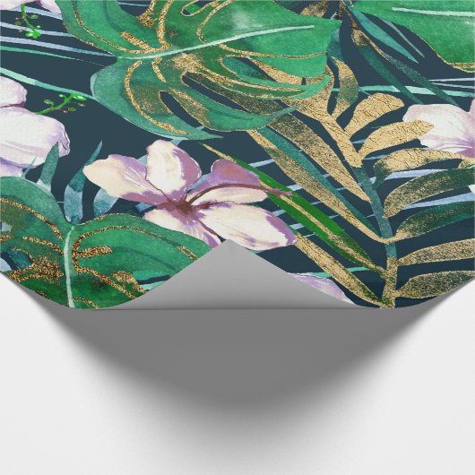 Tropisch groen Lila goudmonster laat Floral vallen Cadeaupapier (Hoek)