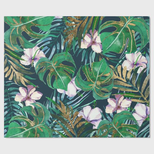 Tropisch groen Lila goudmonster laat Floral vallen Cadeaupapier (Vlak)