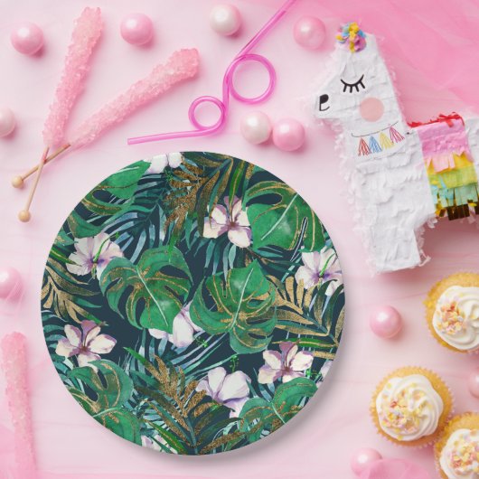 Tropisch groen Lila goudmonster laat Floral vallen Papieren Bordje (Feest)