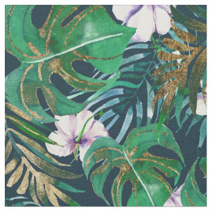 Tropisch groen Lila goudmonster laat Floral vallen Stof