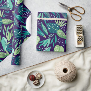 Tropisch groen loopvlakpatroon op Paars Cadeaupapier