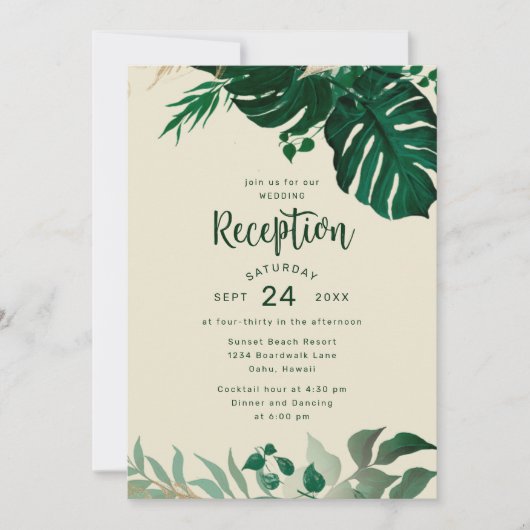 Tropisch groen met gouden loof bruiloft receptie kaart (Voorkant)