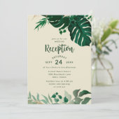 Tropisch groen met gouden loof bruiloft receptie kaart (Staand voorkant)
