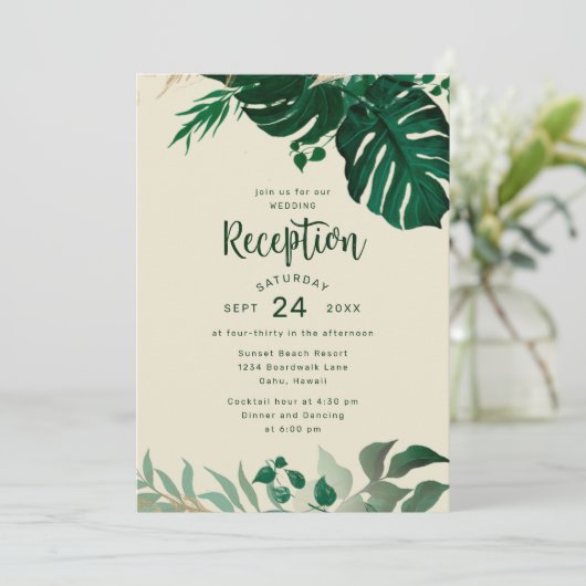 Tropisch groen met gouden loof bruiloft receptie kaart (Staand voorkant)