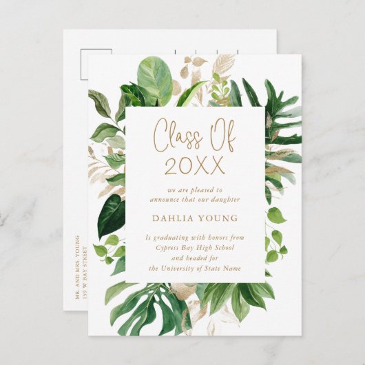 Tropisch groen Modern Afstuderen Aankondigingskaart (Voorkant / Achterkant)
