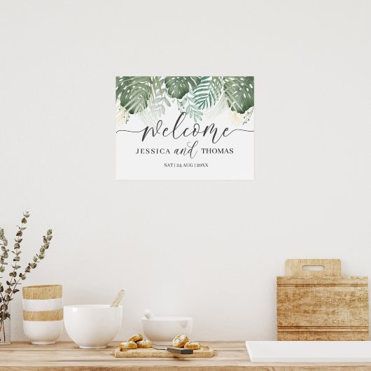 Tropisch groen monstera kalligrafie bruiloft F Poster (Keuken)