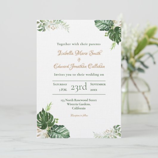 Tropisch Groen Monstera laat Waterverf bruiloft ov Kaart (Staand voorkant)