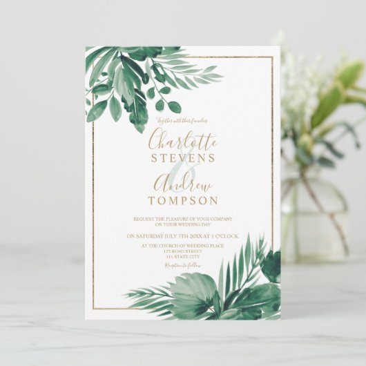 Tropisch groen Palm Bloemen waterverf bruiloft Kaart (Staand voorkant)