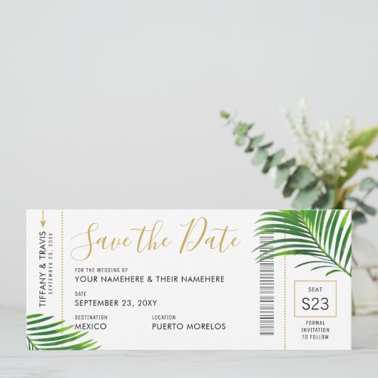 Tropisch groen palm boarding Pass Save Date Kaart (Staand voorkant)
