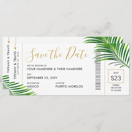 Tropisch groen palm boarding Pass Save Date Kaart (Voorkant / Achterkant)