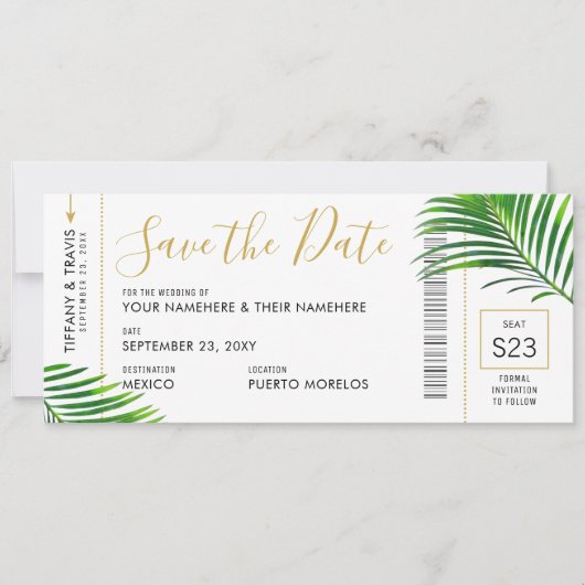 Tropisch groen palm boarding Pass Save Date Kaart (Voorkant)