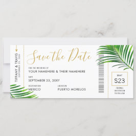 Tropisch groen palm boarding Pass Save Date Kaart