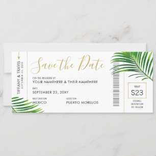 Tropisch groen palm boarding Pass Save Date Kaart