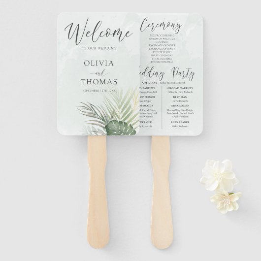 Tropisch groen palm huwelijksprogramma handwaaier (Voorkant en achterkant)