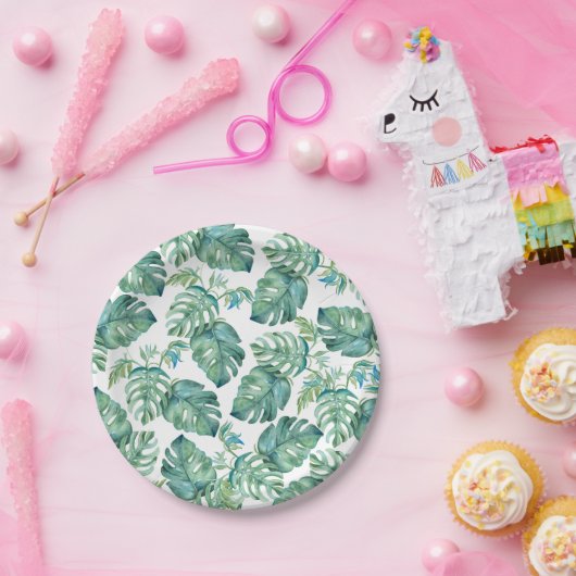 Tropisch groen palm laat Waterverf picknick Papieren Bordje (Feest)