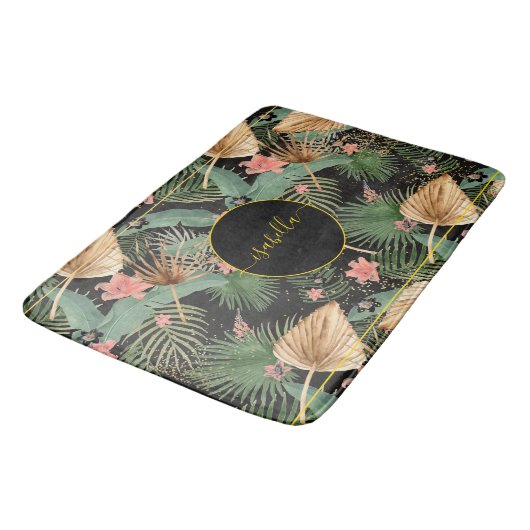Tropisch groen palm laat zwart monogram zwart bath badmat (Gekanteld)