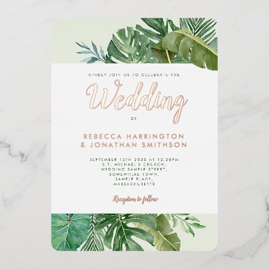 Tropisch groen palm Leaf Gold Wedding Folie Uitnodiging (Voorkant)