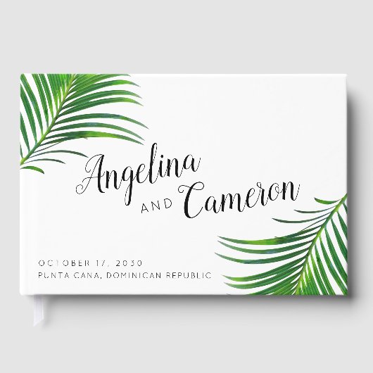Tropisch groen palm leveert strand bruiloft gastenboek (Voorkant)