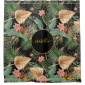 Tropisch groen palm leveert zwart monogram douchegordijn (Voorkant)