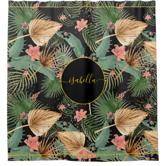 Tropisch groen palm leveert zwart monogram douchegordijn (Voorkant)