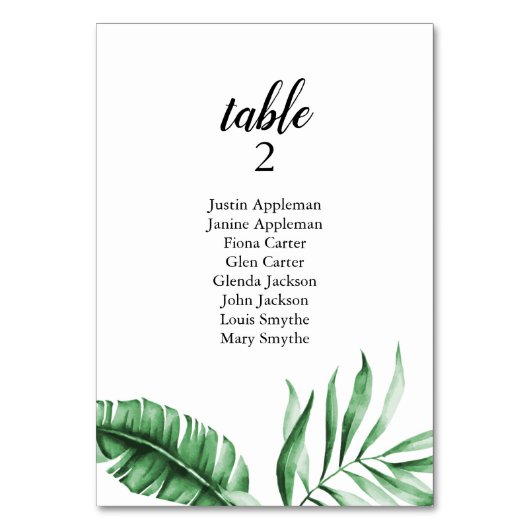 Tropisch groen Palm Seating Chart Kaart (Achterkant)