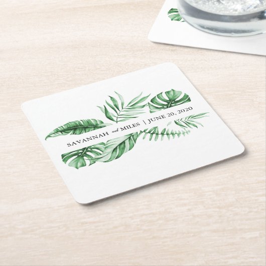 Tropisch groen palm Wedding Monogram Kartonnen Onderzetters (Schuin)