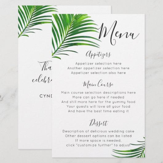 Tropisch groen palmboom laat het menu Ontvangen (Voorkant / Achterkant)
