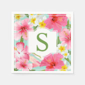 Tropisch groen roze hibiscus bloemen monogram servetten (Voorkant)