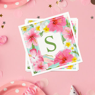 Tropisch groen roze hibiscus bloemen monogram servetten