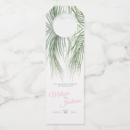 Tropisch groen roze palmschijfje waterverf bruilof flessenhanger