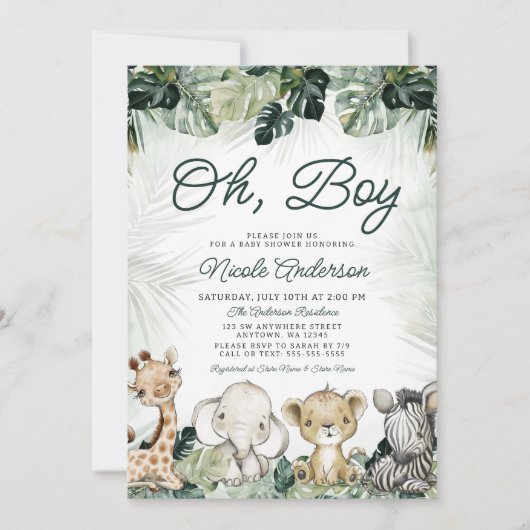 Tropisch groen Safari Dieren Jongen Baby shower Kaart (Voorkant)