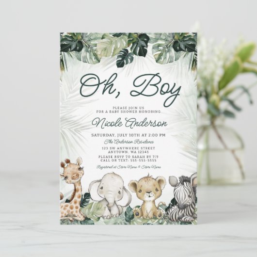 Tropisch groen Safari Dieren Jongen Baby shower Kaart (Staand voorkant)