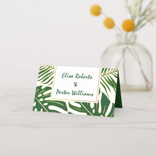 Tropisch groen verlaat moderne bruiloft gevouwen e plaatskaartje (Achterkant)