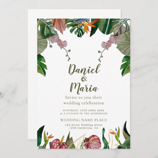 Tropisch groen Waterverf bruiloft Kaart (Voorkant / Achterkant)