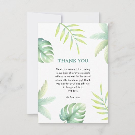 Tropisch groen Waterverf groen Baby shower Bedankkaart (Voorkant)